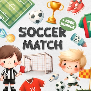 Voetbalwedstrijd clipart bundel, aquarel voetbal PNG, sport clipart, kinderen, trui, trofee, uitrusting, laarzen, bal, digitale Instant Download