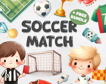 Paquete de imágenes prediseñadas de partido de fútbol, PNG de fútbol de acuarela, imágenes prediseñadas deportivas, niños, camiseta, trofeo, equipo, botas, pelota, descarga instantánea digital