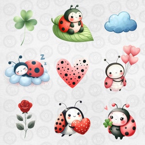 Little Ladybug Clipart Bundle, Cute Love Bug PNG, Valentines Day, Love, Watercolor Spring ...