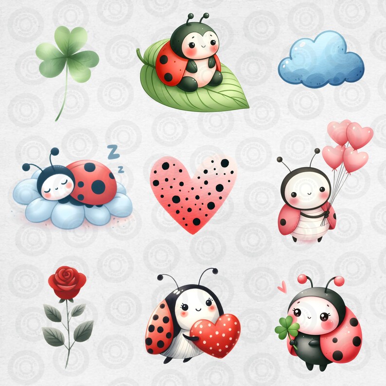 Puede incluir: Una ilustraci&oacute;n digital de diez mariquitas en varias poses. Algunas mariquitas sostienen corazones, otras duermen y otras vuelan con globos. Las mariquitas son rojas con manchas negras y tienen caras blancas. El fondo es gris claro con un patr&oacute;n de c&iacute;rculos.