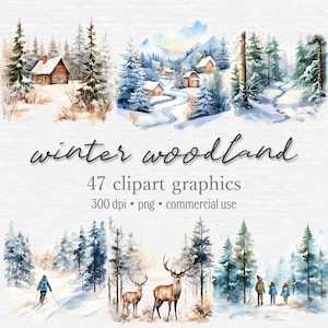 Watercolor Winter Woodland Landscape Clipart Bundle, Winter Forest PNG, Winter Wonderland, Snowy Mountains, Card Making, Digital Download
