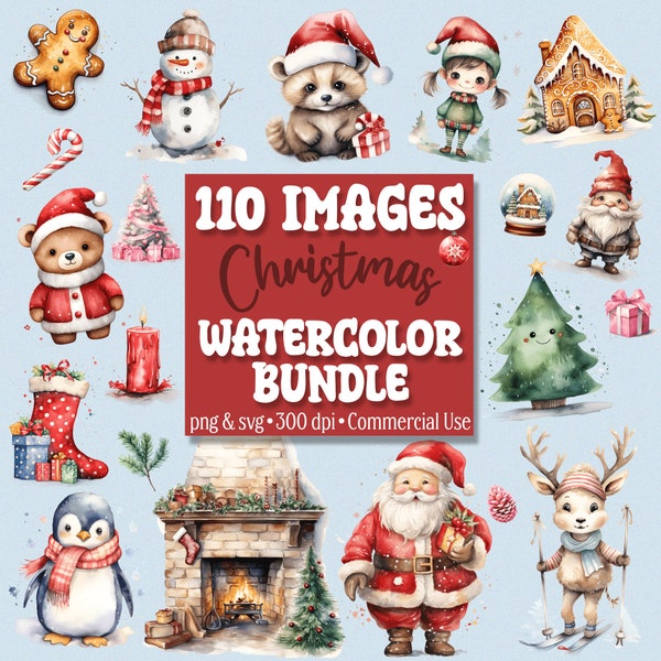Watercolor Christmas Clipart Bundle, XMAS PNG & SVG, Cute Reindeer Baby Animal Santa Tree Snowman, Junk Journals Invitations Sublimation etc