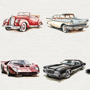 May include: A collection of eight vintage cars in various colors, including red, black, green, and white. The cars are all classic models, with sleek lines and chrome accents. Some of the cars are convertibles, while others are coupes or sedans.