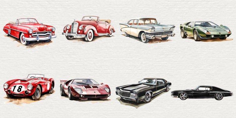 May include: A collection of eight vintage cars in various colors, including red, black, green, and white. The cars are all classic models, with sleek lines and chrome accents. Some of the cars are convertibles, while others are coupes or sedans.