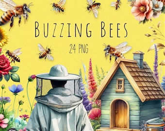 Buzzing Bees Clipart Bundle, Honey Bee PNG, Watercolor Honeycomb Drips Graphics, Realistic Spring Garden Flowers, Digital Instant Download
