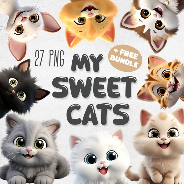 My Sweet Cats Clipart Bundle, Cute Cat PNG, Kitten Graphics, Happy Baby Animals, Printable Cartoon Animal, Nursery, Digital Instant Download