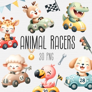 Pacote de clipart de piloto de animais, carro de corrida PNG, clipart de corrida, clipart de crianças, animais fofos para bebês, berçário de menino, uso comercial, download digital