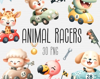 Animal Racer Clipart Bundle, Race Car PNG, Racing Clip Art, Kids Clipart, Cute Baby Animals, Boy Nursery, Commercial Use, Digital Download