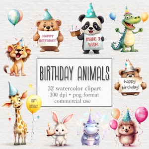Pacote de clipart de animais fofos de aniversário, animais bebês com frases de aniversário, arte de aniversário para impressão, PNG, berçário, criação de cartões, uso comercial