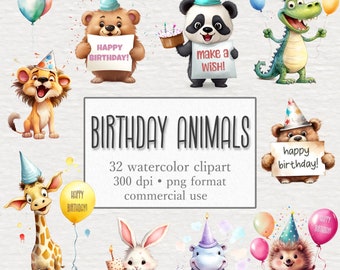 Può includere: Un set di 32 immagini clipart ad acquerello di animali per il compleanno. Gli animali indossano cappelli da festa e tengono in mano oggetti a tema compleanno. Le immagini sono a 300 dpi e in formato PNG. Sono per uso commerciale.