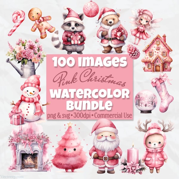 Pink Christmas Watercolor Clipart Bundle, PNG & SVG, Cute Reindeer Baby Animals Santa Gingerbread Flowers, Scrapbook Invitations Sublimation