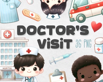 Doctor's Visit Clipart Bundle, Hospital PNG Set, Medical Clipart, Healthcare Illustrations, Doctor, Nurse, Kids, Ambulance, Digital Download