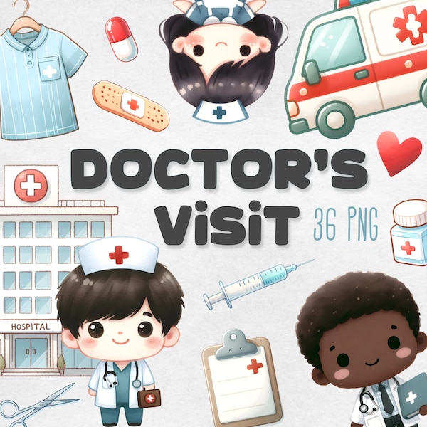 Doctor's Visit Clipart Bundle, Hospital PNG Set, Medical Clipart, Healthcare Illustrations, Doctor, Nurse, Kids, Ambulance, Digital Download