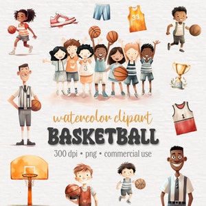 Pacote de clipart de basquete em aquarela, crianças fofas jogando basquete, camisa, árbitro, gráficos PNG de esportes, arte de parede de berçário, uso comercial