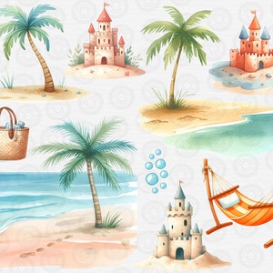 Sunny Beach Day Clipart Bundle, Watercolor Summer, Cute Undersea, Vacation PNG, Seasonal Clip Art, Travel, Nursery Decor, Instant Download zdjęcie 8