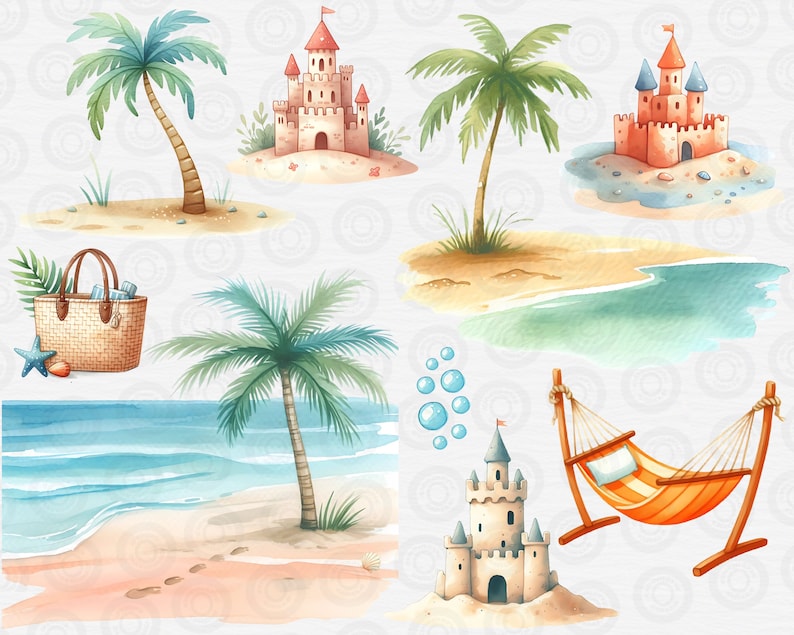 Sunny Beach Day Clipart Bundle, Watercolor Summer, Cute Undersea, Vacation PNG, Seasonal Clip Art, Travel, Nursery Decor, Instant Download zdjęcie 8