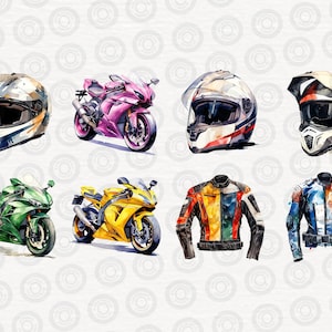 May include: A collection of watercolor illustrations featuring motorcycle helmets, racing jackets, and sport bikes. The helmets are in various colors and designs, including a white helmet with red and blue stripes, a black helmet with white and red accents, and a white helmet with blue and gray accents. The jackets are in a variety of colors and patterns, including a yellow and red jacket with blue accents, and a blue and white jacket with red accents. The sport bikes are in various colors, including a pink sport bike, a yellow sport bike, and a green sport bike.