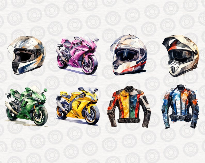 May include: A collection of watercolor illustrations featuring motorcycle helmets, racing jackets, and sport bikes. The helmets are in various colors and designs, including a white helmet with red and blue stripes, a black helmet with white and red accents, and a white helmet with blue and gray accents. The jackets are in a variety of colors and patterns, including a yellow and red jacket with blue accents, and a blue and white jacket with red accents. The sport bikes are in various colors, including a pink sport bike, a yellow sport bike, and a green sport bike.