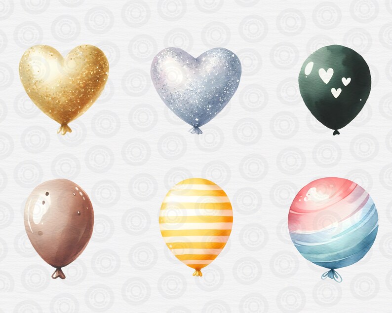 May include: Six different balloon illustrations in a heart, round, and striped design. The balloons are in shades of gold, silver, brown, yellow, pink, and blue.
