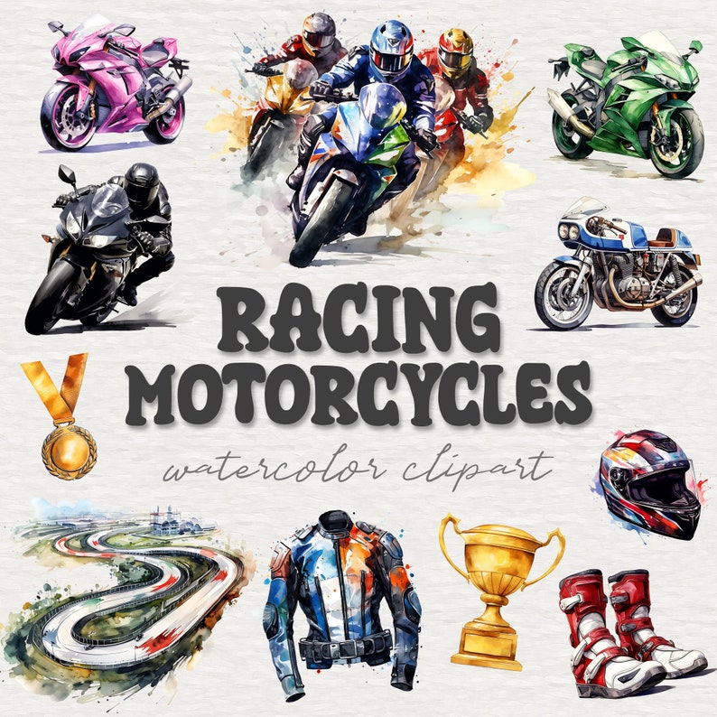 May include: Watercolor clipart of racing motorcycles, including a pink, green, and black motorcycle, a blue and black motorcycle with riders, a black motorcycle, a blue and white motorcycle, a racing suit, a trophy, a helmet, and a pair of racing boots. The text "RACING MOTORCYCLES watercolor clipart" is also included.