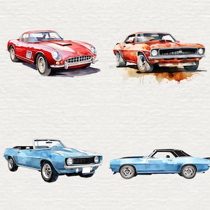 May include: A collection of eight vintage cars in various colors, including red, blue, and orange. The cars are all classic models, with sleek lines and chrome accents. Some of the cars are convertibles, while others have hardtops. The cars are all in good condition and appear to be well-maintained.