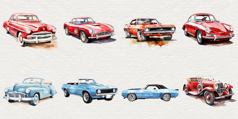 May include: A collection of eight vintage cars in various colors, including red, blue, and orange. The cars are all classic models, with sleek lines and chrome accents. Some of the cars are convertibles, while others have hardtops. The cars are all in good condition and appear to be well-maintained.