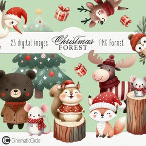 Paquete de imágenes prediseñadas del bosque de Navidad, bosque, lindos animales bebés, acuarela de Navidad, fondo transparente, PNG, uso comercial, descarga digital