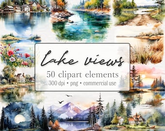 Watercolor lake view clipart bundle, enchanted Lake PNG, landscape clipart, nature clipart, sea graphics, forest, printables, commercial use