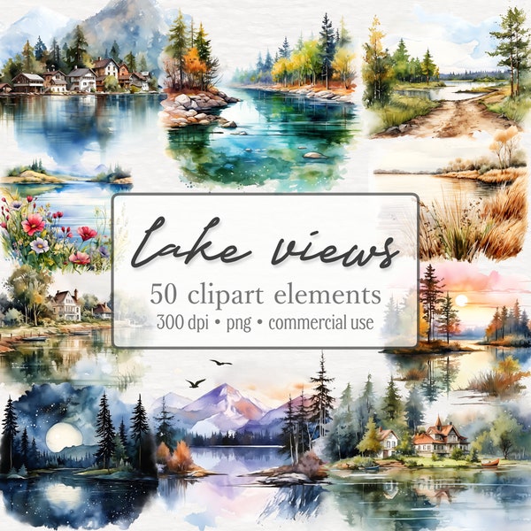 Paquet de cliparts avec vue sur le lac aquarelle, lac enchanté PNG, clipart paysage, clipart nature, graphiques de mer, forêt, imprimables, utilisation commerciale