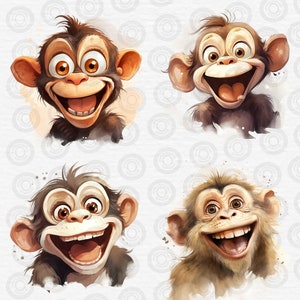 Puede incluir: Cuatro monos de dibujos animados con diferentes expresiones, cada uno con pelaje marr&oacute;n y ojos grandes. Los monos est&aacute;n sobre un fondo blanco con un patr&oacute;n de c&iacute;rculos grises.
