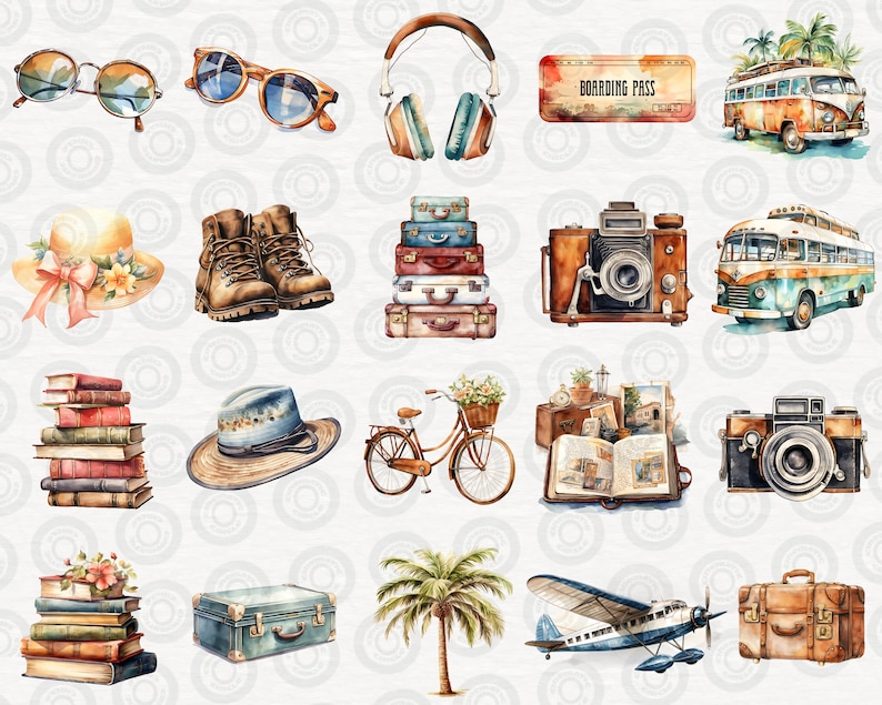 May include: A watercolor illustration of travel-themed items, including a vintage suitcase, a camera, a pair of sunglasses, a hat, a bicycle, a plane, a palm tree, and a bus. The illustration is in a vintage style and features a variety of colors, including blue, green, brown, and yellow.