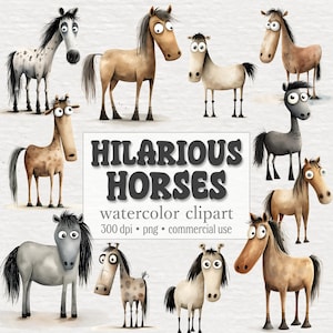 Funny Horse Clipart Bundle, Hilarious Horse Illustrations, Cute and Crazy Animals, Foal, Watercolor PNG, Digital Paper Craft, Commercial Use