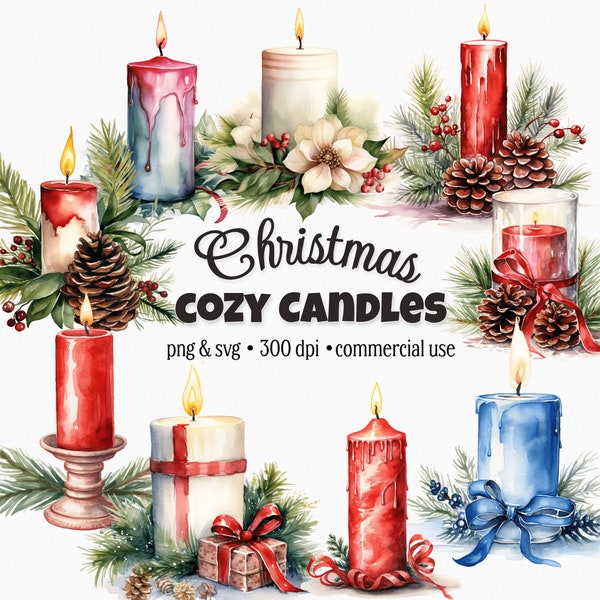 Christmas Candle Clipart, Cozy Winter Clipart, Digital Download, Commercial Use, Card Making, Digital Paper Craft, Merry Christmas, PNG, SVG