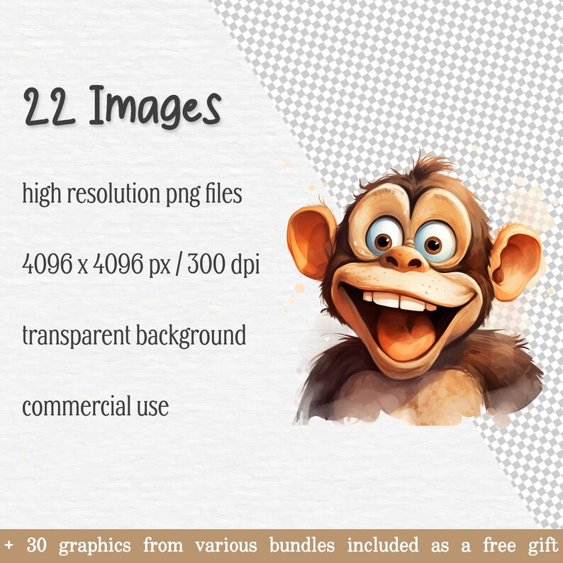 Puede incluir: Una ilustraci&oacute;n digital de un mono de dibujos animados con una amplia sonrisa mostrando los dientes y grandes ojos azules. El mono es marr&oacute;n y tiene una nariz marr&oacute;n claro. El fondo es transparente.