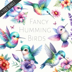 Fancy Hummingbird Clipart Bundle, Aquarelle Oiseau PNG, Colibris mignons, Oiseau pastel, Décor de pépinière, Art mural de colibri, Utilisation commerciale