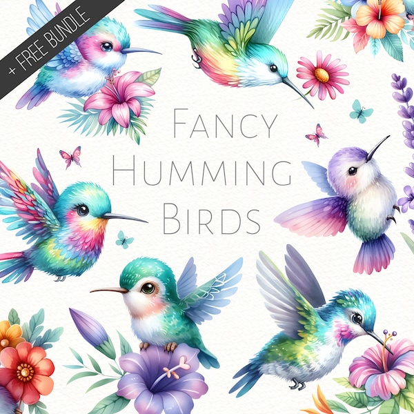 Fancy Hummingbird Clipart Bundle, Watercolor Bird PNG, Cute Hummingbirds, Pastel Bird, Nursery Decor, Humming bird Wall Art, Commercial Use