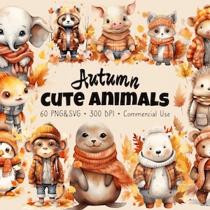 Autumn Cute Baby Animals Clipart, Watercolor Clipart, Fall Season, Scrapbook, Paper Craft, PNG and SVG, Junk Journal, Bundle, Commercial Use