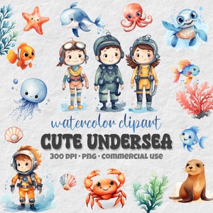 Mignon sous-marin aquarelle Clipart Bundle, océan bébés animaux, hippocampe, tortue, dauphin, méduse, enfants, décor de chambre d’enfant, baby shower art, PNG