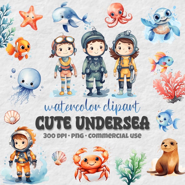 Cute Undersea Watercolor Clipart Bundle, Ocean Baby Animals, Seahorse, Turtle, Dolphin, Jellyfish, Kids, Nursery Decor, Baby Shower Art, PNG