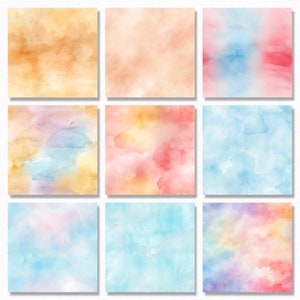 May include: Nine watercolor backgrounds in various shades of pink, blue, yellow, and orange. The backgrounds are abstract and feature soft, blended colors.
