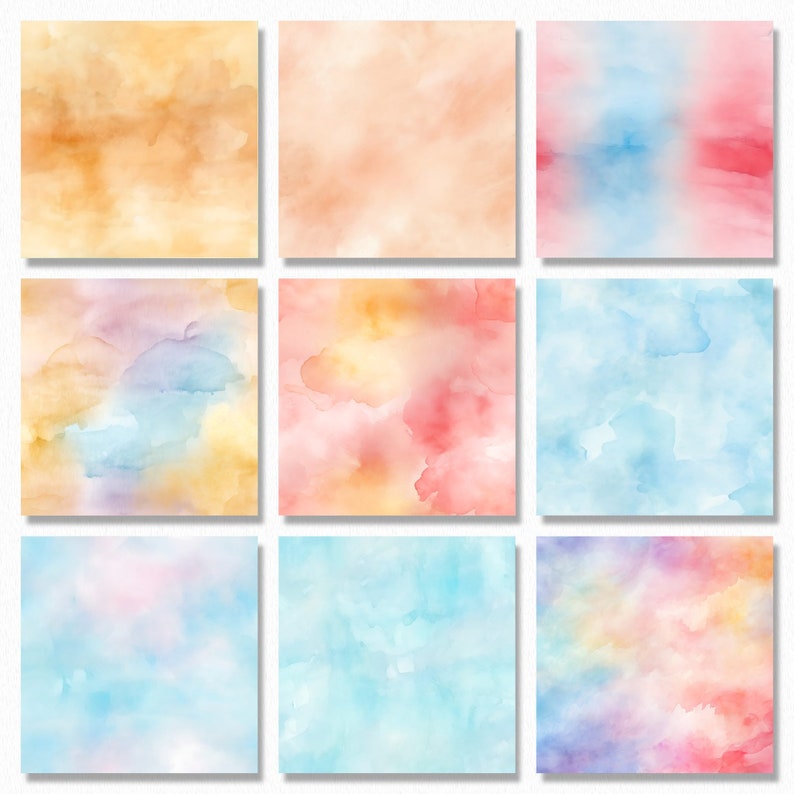 May include: Nine watercolor backgrounds in various shades of pink, blue, yellow, and orange. The backgrounds are abstract and feature soft, blended colors.