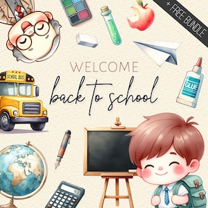 Back To School Clipart Bundle, Watercolor School PNG, School Bus, Backpack, Cute Kids, Teacher, Education Graphics, Digital Instant Download