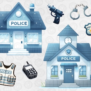 May include: Two cartoon illustrations of police stations, one with a clock tower and the other with a flat roof.  Both buildings have the word "POLICE" on the front.  Other illustrations include a police badge, handcuffs, a walkie-talkie, and a bulletproof vest.