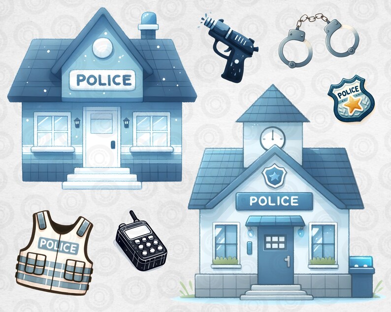 May include: Two cartoon illustrations of police stations, one with a clock tower and the other with a flat roof.  Both buildings have the word "POLICE" on the front.  Other illustrations include a police badge, handcuffs, a walkie-talkie, and a bulletproof vest.