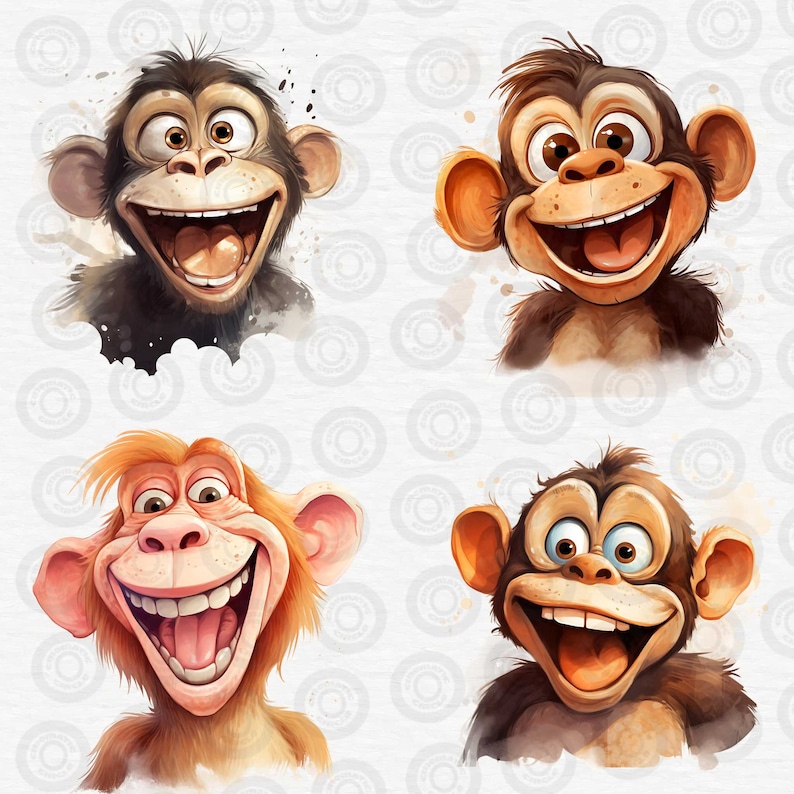 Puede incluir: Cuatro monos de dibujos animados con diferentes expresiones, cada uno con ojos grandes y una boca abierta de par en par, sobre un fondo blanco con un patr&oacute;n de c&iacute;rculos.