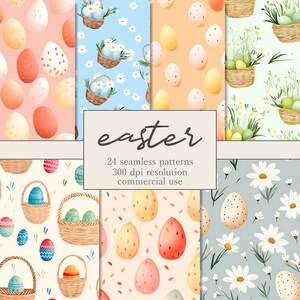 Conjunto de papel digital de Pascua sin costuras, patrón colorido de huevos de Pascua, flores de Pascua JPG, gráficos de primavera imprimibles, papel de álbum de recortes, diario basura