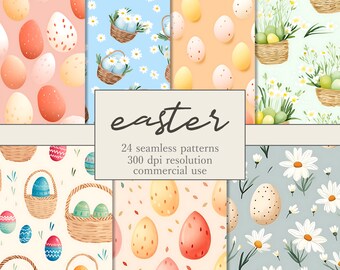 Seamless Easter Digital Paper Set, Colorful Easter egg pattern, Easter flowers JPG, printable Spring graphics, scrapbook paper, junk journal