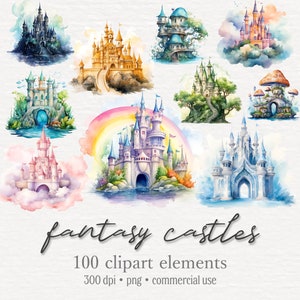 Pacchetto di clipart di 100 castelli fantasy, fortezza magica dell'acquerello, grafica PNG del palazzo, libro di fiabe, favola, download digitale, uso commerciale