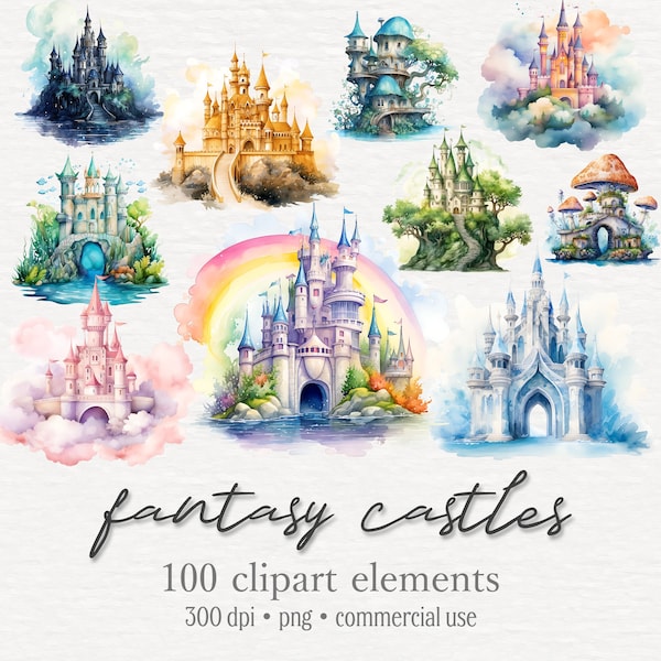 100 Fantasy Castles Clipart Bundle, Watercolor Magical Fortress, Palace PNG Graphics, Storybook, Fairytale, Digital Download, Commercial Use