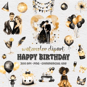 Birthday Party PNG Clipart Bundle, Black&Gold Watercolor Clipart, Cake Present Balloon Food Drinks Couple Kids, Paper Crafts, Commercial Use
